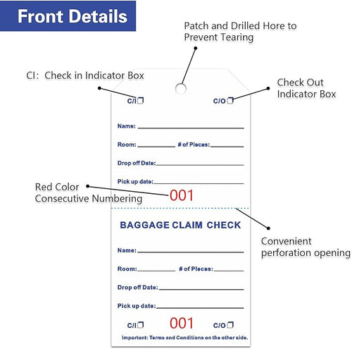 1000 Baggage Claim Check Tags with Transfer Tape on Back, 4 3/4 x 2 3/8 Hotel Luggage ID Tags Numbering from 001 to 1000, Baggage Identification for Hotel Suitcase Motel Bag