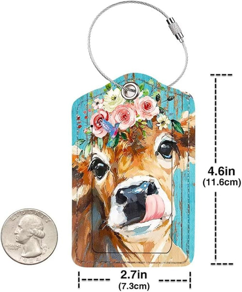 2 Pack Luggage Tag for Suitcase, Cute Unique Leather Bag Tags Identifiers Privacy Cover ID Label with Durable Steel Loop for Women Men Kids Girls Travel, Cattle