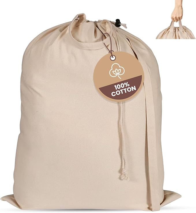 LFH Home Cotton Canvas Extra Large Laundry Bag with Handle, Heavy Duty Drawstring Closure Washable Laundry Bags School Travel, Home, Hotel, College Dorm, Organizer Sack, Toys Clothes 24x36-Natural