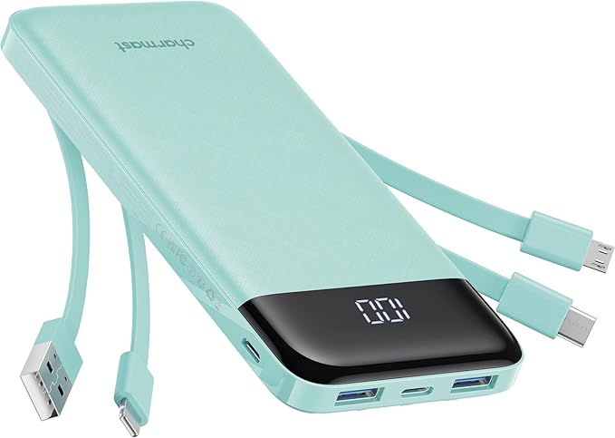 charmast Portable Charger with Built in Cables, Power Bank with Cords Wires, Slim 10000mAh Travel Battery Pack 6 Outputs 3 Inputs 3A Fast Charging for Samsung Google Pixel LG Moto iPhone iPad