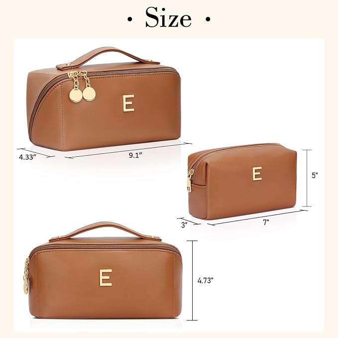 Birthday Gifts for Women Teen Girl, Personalized Initial Makeup Organizer Bag Set, Open Flat Travel Cosmetic Bag With Clear Divider and Handle(Brown,E)