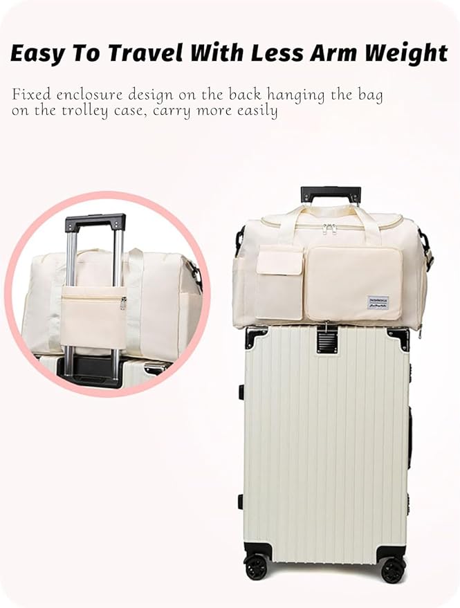 Multipurpose 20L Foldable Duffel Bag Gym Yoga Bag Carry-On Shopping Sack Travel Organizer Cabin Bag Sundry Package Wet&Dry Compartment (Beige)