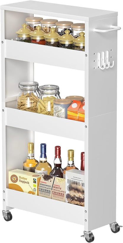 Slim Storage Cart, 4-Tier Kitchen Rolling Cart Narrow Storage Cabinet with Handle & Wheels, Metal Rolling Shelf Unit for Kitchen Bathroom Laundry Small Places (5.9IN White/White)