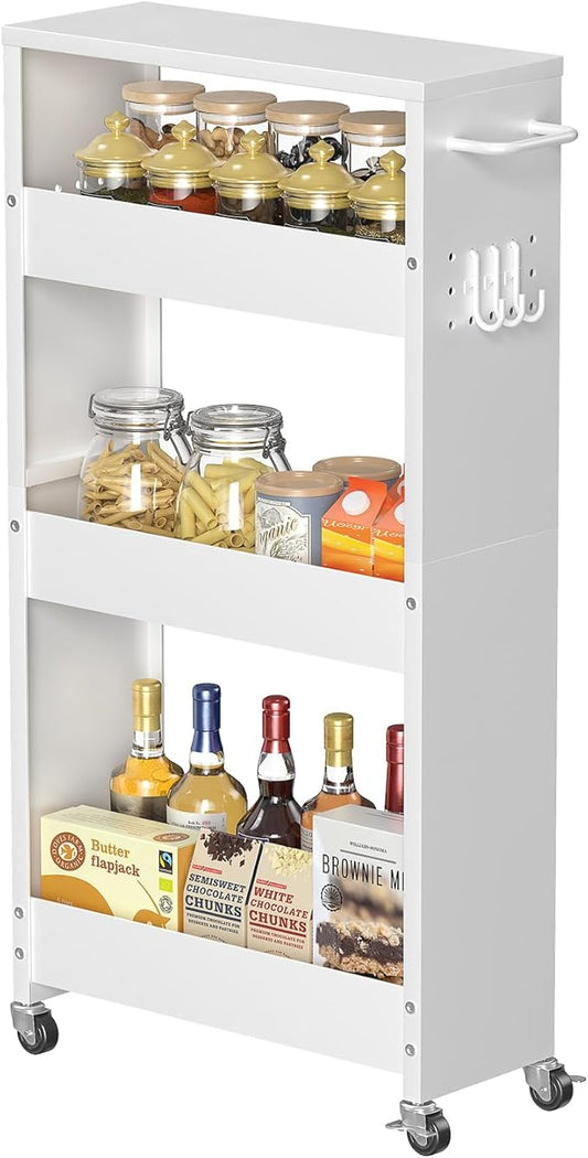 Slim Storage Cart, 4-Tier Kitchen Rolling Cart Narrow Storage Cabinet with Handle & Wheels, Metal Rolling Shelf Unit for Kitchen Bathroom Laundry Small Places (5.9IN White/White)