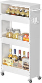 Slim Storage Cart, 4-Tier Kitchen Rolling Cart Narrow Storage Cabinet with Handle & Wheels, Metal Rolling Shelf Unit for Kitchen Bathroom Laundry Small Places (5.9IN White/White)