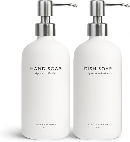 Vine Creations White Glass Soap Dispenser Set, Dish Soap and Hand Soap Dispenser Set with Stainless Steel Pump, 16 oz Glass Dispensers for Kitchen or Bathroom Decor (Matte White Bottle/Silver)