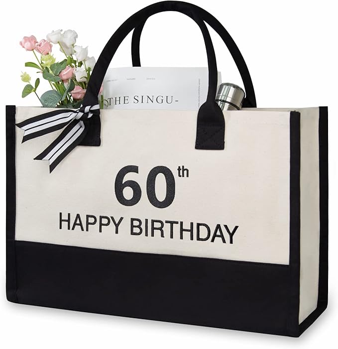 TOPDesign Embroidery Canvas Tote Bag for Women, 60th Birthday Gifts for Her, Wife, Mom, Sister, Daughter, Aunt, Best Friend, Coworker, Turning 60 Years Old Present, Personalized Bag for Beach, Holiday