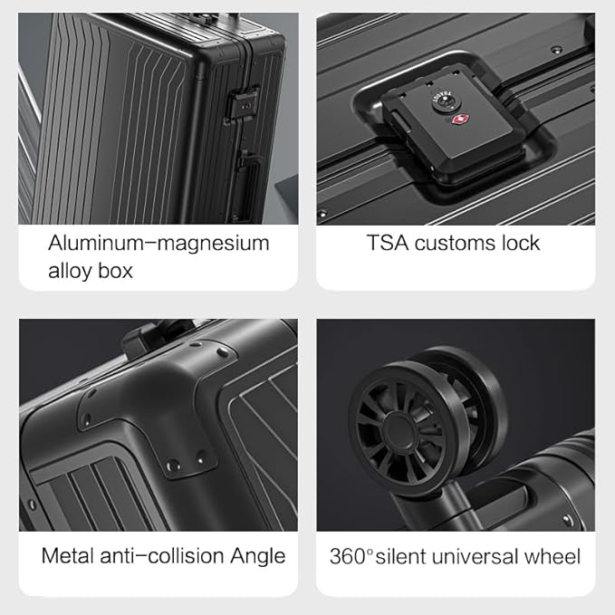 Metal all aluminum carry-on suitcase 20 "hard face, TSA lock and rotating wheel zippered luggage set (blue, 2Piece(20/28))