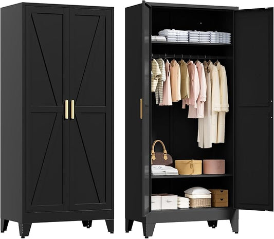 71" Tall Metal Wardrobe Closet with Adjustable Shelves and Hanging Rod, 2 Doors Free Standing Armoire Wardrobe Cabinet for Bedroom, Office, Laundry Room, Black