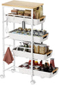 5-Tier Slim Storage Cart, Wooden Top Rolling Kitchen Cart with Pull-Out Baskets & Wheels, Narrow Space Utility Cart Slide Out Organizer for Kitchen, Bathroom, Laundry Room, White