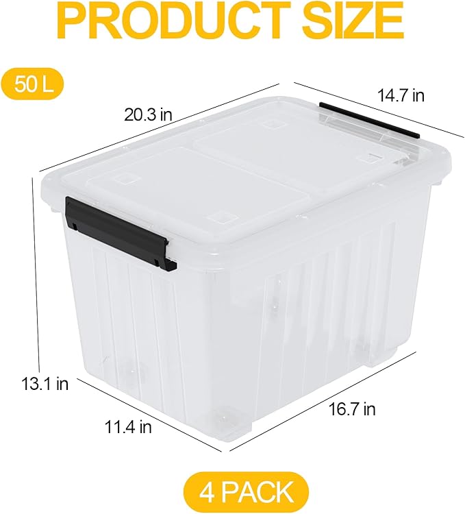 Obstnny 50 L Clear Plastic Storage Bins with Wheels, Large Lidded Organizer Boxes, 4 Pack