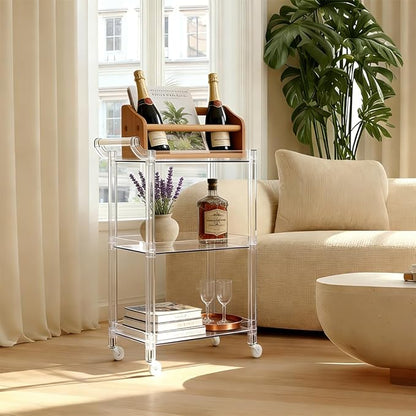 Acrylic Utility Rolling Cart, 3-Tier Clear Acrylic Storage Cart with Pulling Handle & 4 Wheels for Kitchen Living Room Dining Bathroom Laundry, Multifunction Serving Trolley for Small Spaces (Blue)