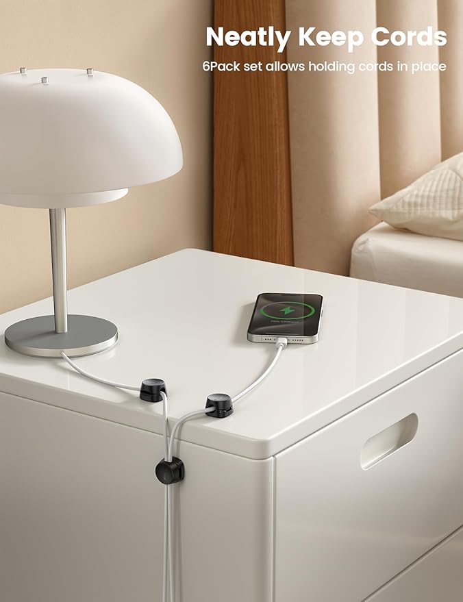 Cord Organizer [1s Lock] Spring Cable Holder Clips - Lamicall 6Pack Desk Cable Management Clips, Phone Charger Cord [Smooth Adjustable], Adhesive Wire Organizer Keeper for Nightstand Wall Car Office