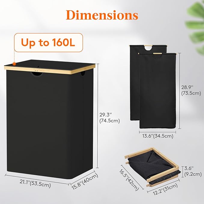 Lifewit 160L Double Laundry Hamper with Lid, Extra Large Bamboo Laundry Basket Dirty Clothes Hamper, 2 Section Laundry Bin Organizer for Laundry Room Bedroom with 2 Removable Liners & Bags, Dark Black