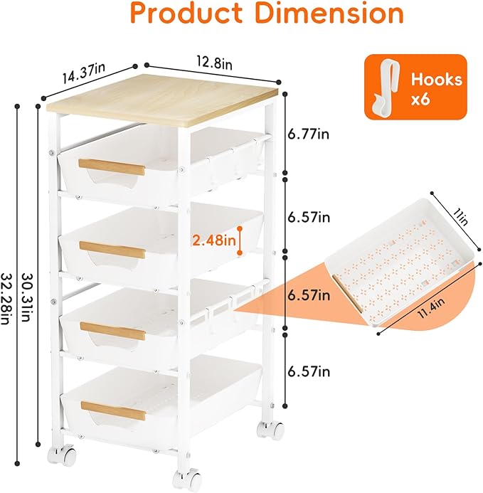 5-Tier Kitchen Storage Cart, Wood Top Rolling Cart Organizer with Pull-Out Baskets & Wheels, Metal Snack Cart with Holder for Fruit, Vegetable, Microwave, Kitchen, Pantry, White