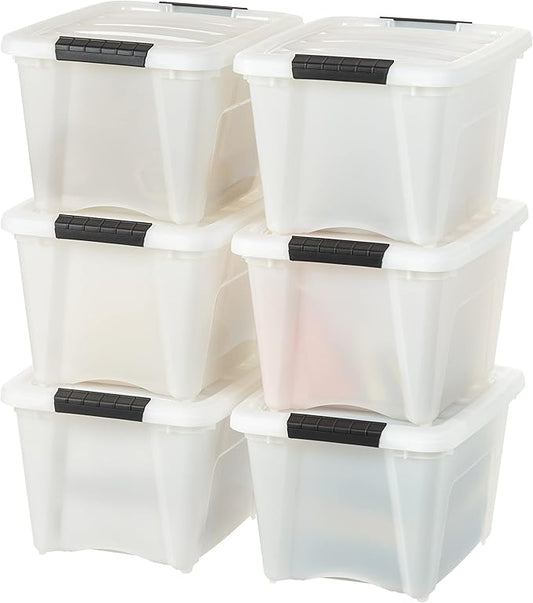 IRIS USA 19 Qt Stackable Plastic Storage Bins with Lids, 6 Pack - BPA-Free, Made in USA - Discreet Organizing Solution, Latches, Durable Nestable Containers, Secure Pull Handle - Pearl