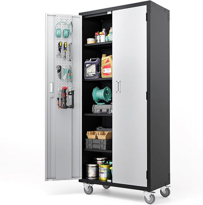 VINGLI 72'' Tall Garage Storage Cabinet, Metal Storage Cabinet with Wheels, Locking Doors and Adjustable Shelves (Black & Silver, 32''W x 16''D x 72''H)