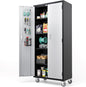 VINGLI 72'' Tall Garage Storage Cabinet, Metal Storage Cabinet with Wheels, Locking Doors and Adjustable Shelves (Black & Silver, 32''W x 16''D x 72''H)