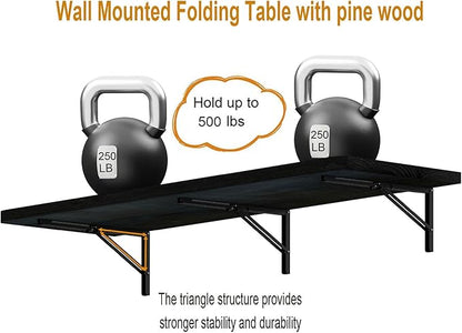 IAE Floating Wall Mounted Folding Table Desk with Pine Wood,60" x 22" Foldable Workbench,Fold Down Wall Mounted Foldable Desk with Shelf Brackets,Laundry Folding Table for Home,Dining,Kitchen,Black