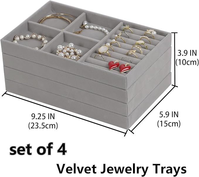 Set of 4 Stackable Jewelry Trays Organizer, Velvet Earring Organizer, Jewelry Organizer Showcase Display Drawer Organizer Storage, Earring Holder Necklace Bracelet Ring Accessary Organizers (Gray)