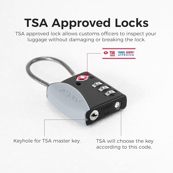 pack all TSA Approved Cable Luggage Locks, 3 Digit Combination Padlocks, Travel Lock for Suitcases & Bag, Alloy Body, Travel Accessories (4 Pack)（Grey）