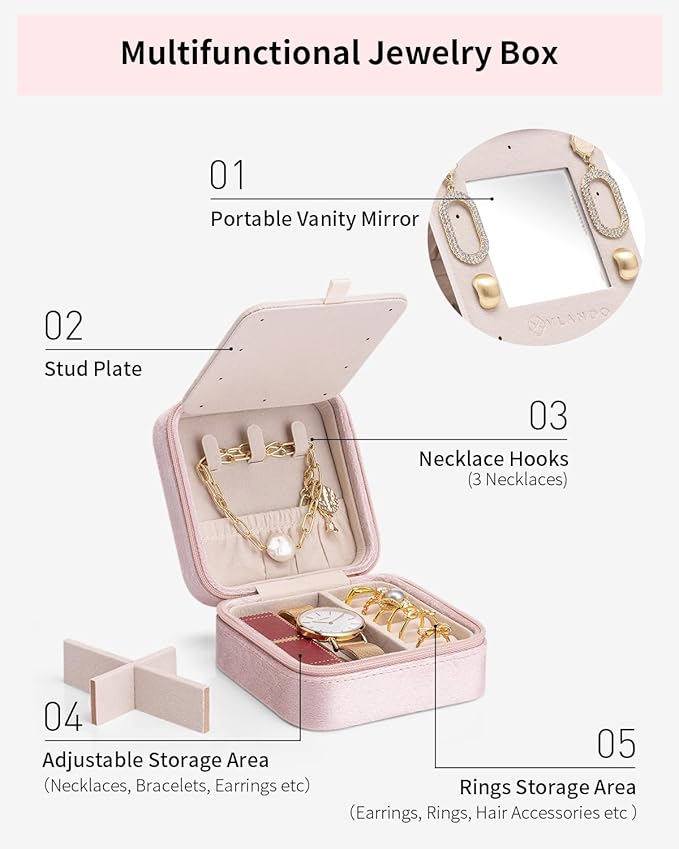 Vlando Valentines Day Gifts for Her - Jewelry Organizer, Necklace, Earrings, Ring Organizer - Travel Essentials - Pink
