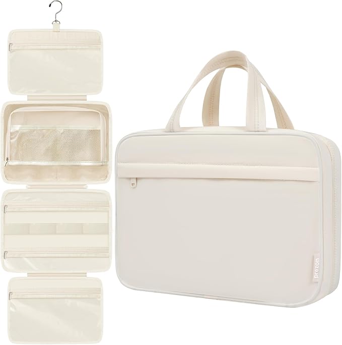 Toiletry Bag For women,Portable Hanging Organizer,4 Leakproof Compartment for full-sized Conditioner, Brushes Set, Makeup Accessories,Visible and easy to access.M-beige