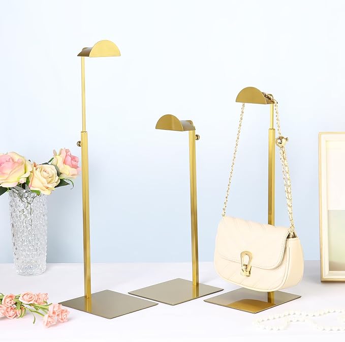 Purse Display Stands, 3 Pack Gold Purse Display Rack Stainless Steel Handbag Display Stand Adjustable Height Bag Stand Holder Anti-fingerprint Hanger Rack for Retail Boutiques Commercial Store