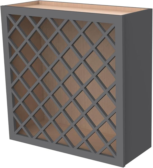 Solid Wood RTA Wine Bottle Rack Wall Cabinet With Lattice Panels - Holder Storage for Bar, Pantry, or Cellar - Mocha Finish Countertop Solution (Pebble Gray, 24"W 12"D 30"H)