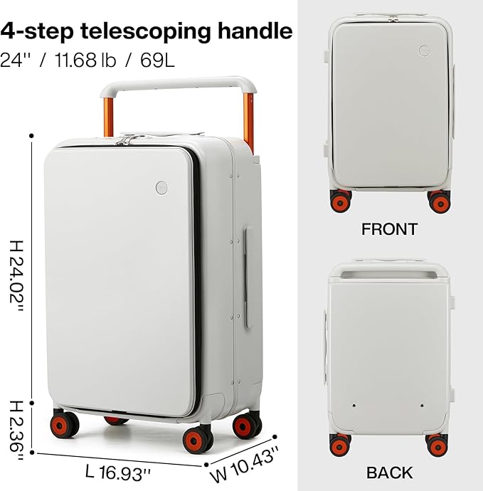 mixi Checked Luggage Wide Handle Luxury Design Rolling Travel Suitcase PC Hardside with Aluminum Frame Hollow Spinner Wheels, with Cover, 24 inch, Smoke White