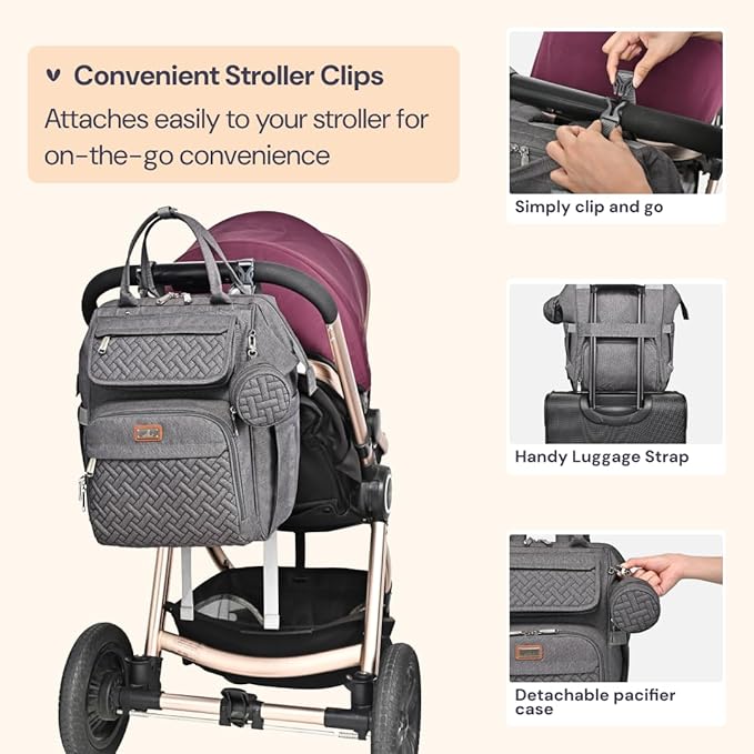BabbleRoo Diaper Bag Backpack, Multifunction Large Bags with Changing Pad & Stroller Straps & Pacifier Case, Unisex Stylish Travel Back Pack Nappy Changing Bag for Moms Dads (Dark Gray)