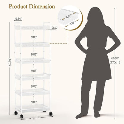 6 Tier Slim Rolling Storage Cart, Narrow Mobile Shelving Unit Organizer Utility Cart with Wheels, Metal Wire Storage Rack with Baskets for Kitchen, Bathroom, Laundry & Living Room, 10in(W) White