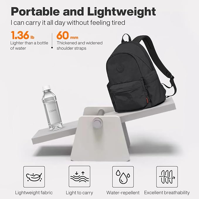 mixi Outdoor Lightweight Backpack Casual Carry On Laptop Backpack Travel Bookbag for Women Men, Water Resistant Durable Hiking Bag for Camping Weekender Sports College Work, 17 Inch, Black