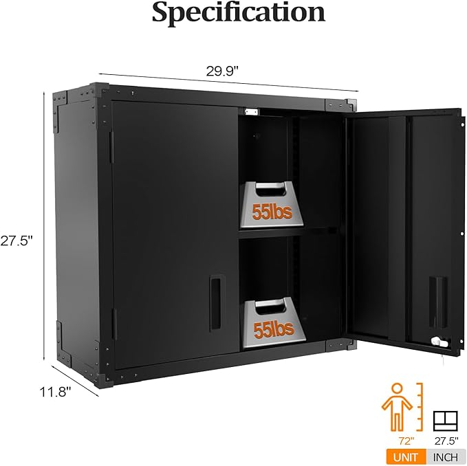 VINGLI Garage Wall Cabinet with Locking Doors and Adjustable Shelf, Metal Wall Cabinet, Floating Upper Storage Cabinet (Black, 30''W x 12''D x 28''H)