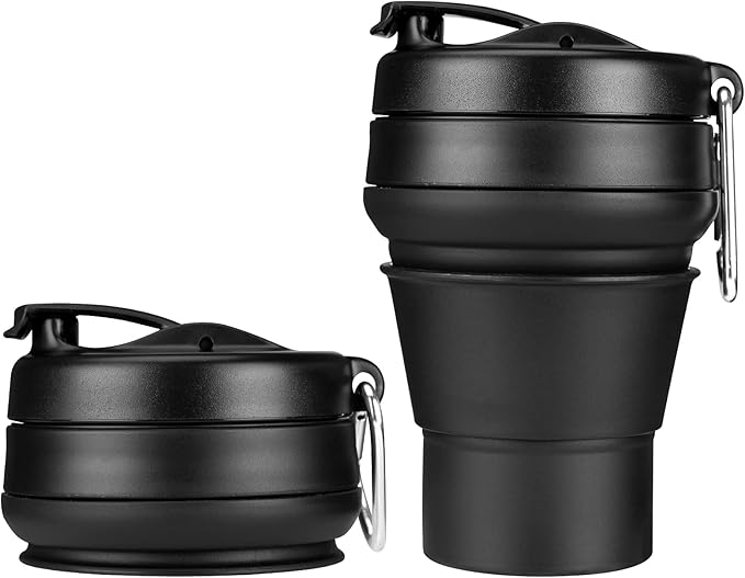 Collapsible Coffee Cup, 2 Pack 16 OZ 480ml Silicone Travel Folding Cup, Leak Proof BPA Free Portable Cup, Travel mug with Lids for Camping hiking (2 * 16OZ)