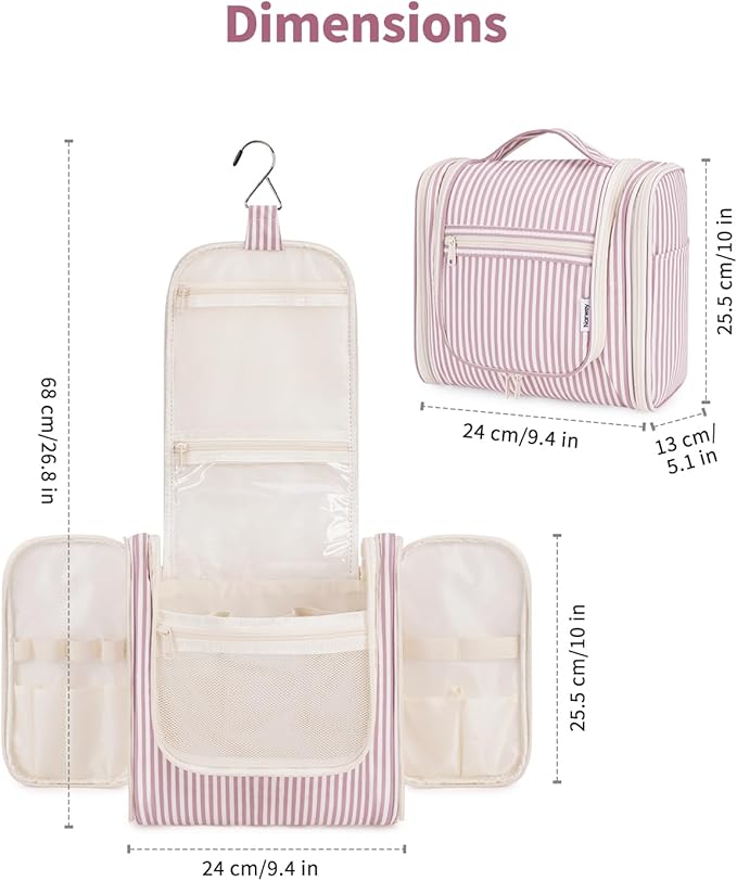 Narwey Striped Hanging Travel Toiletry Bag for Women, Travel Bag for Toiletries, Makeup Bag Organizer Cosmetic Bags Make Up Bags for Women (Dusty Rose Stripe)