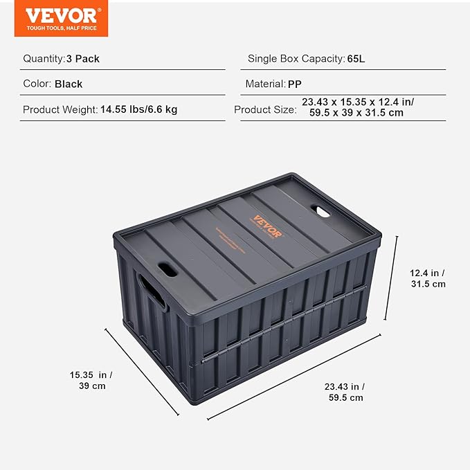 VEVOR 65L Collapsible Storage Bins with Lids 3 Packs, Stackable Utility Crates with Handles, Large Folding Containers for Organizing Tools, Books, Food, Drinks, Camping&Transport