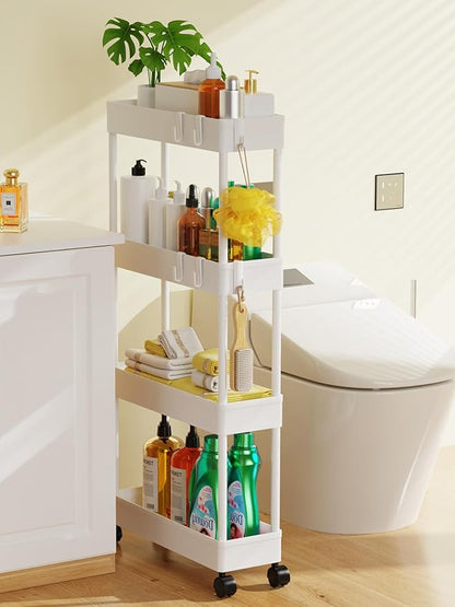 LEHOM 5.1" Slim Storage Cart - 4 Tiers Bathroom Organizer Mobile Shelving Unit Storage Rolling Utility Cart Slide Out Organizer for Kitchen Bathroom Laundry Narrow Places, White