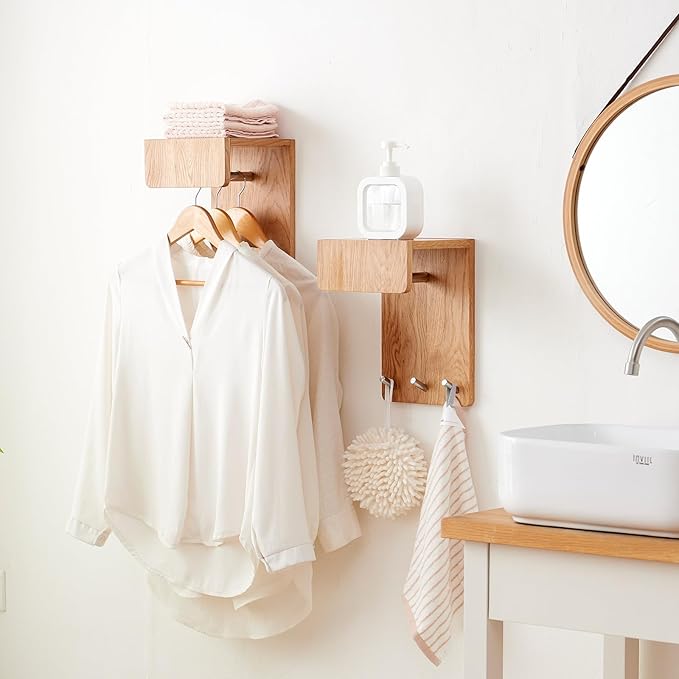 Oak Wood Coat Rack Wall Mount with 8 Inch Long Entryway Wall Shelf and 3 Hooks, Floating Shelf with Hooks for Bathroom, Hallway, Living Room