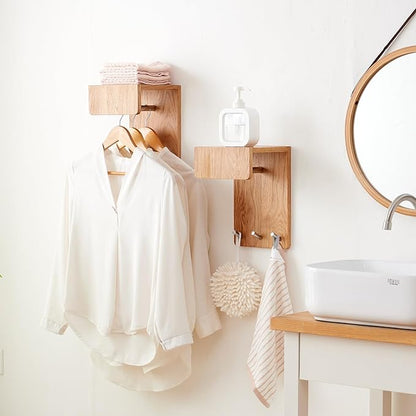 Oak Wood Coat Rack Wall Mount with 8 Inch Long Entryway Wall Shelf and 3 Hooks, Floating Shelf with Hooks for Bathroom, Hallway, Living Room