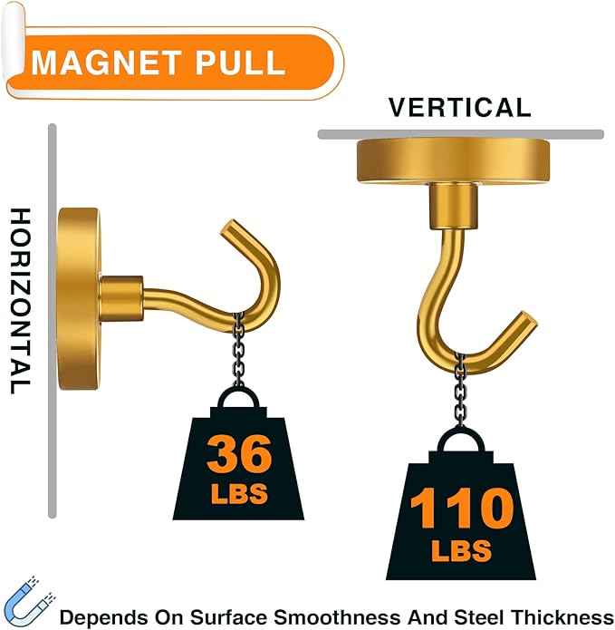 MIKEDE Strong Magnetic Hooks, 120Lbs Heavy Duty Magnetic Hooks for Cruise, Neodymium Earth Magnets with Hooks for Hanging, Super Metal Industrial Magnets for Grill, Storage (Yellow,10 Pack)