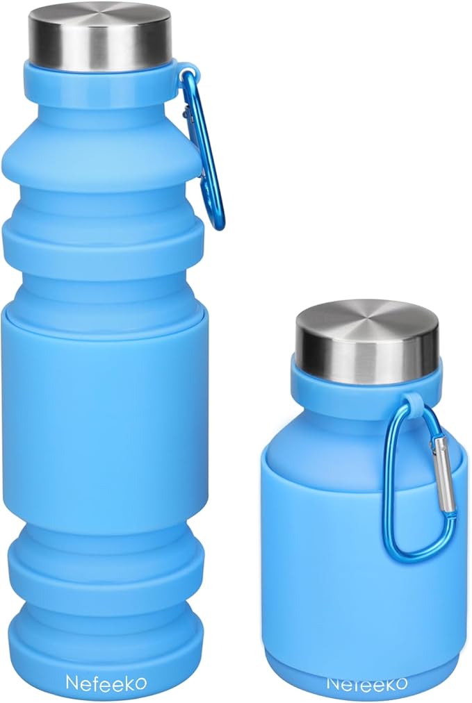 Nefeeko Collapsible Water Bottle, Reuseable BPA Free Silicone Foldable Water Bottles for Travel Gym Camping Hiking, Portable Leak Proof Sports Water Bottle with Carabiner