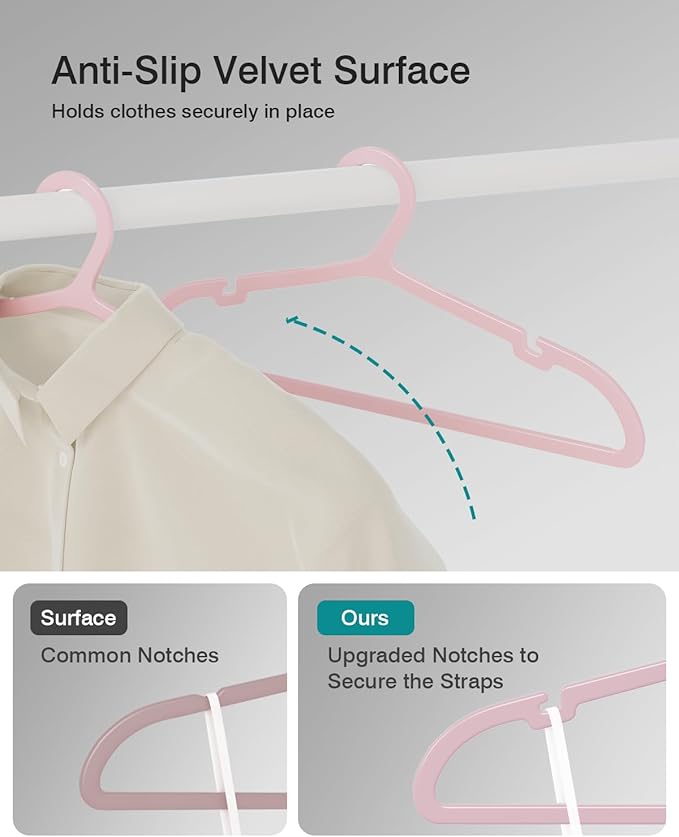 30 Pack Clothes Hangers, Non Slip Plastic Coat Hangers, Space Saving, Heavy Duty, Hanging Dry Wet Clothes, 16.4" x 8.3", Light Pink, UAPY0530P