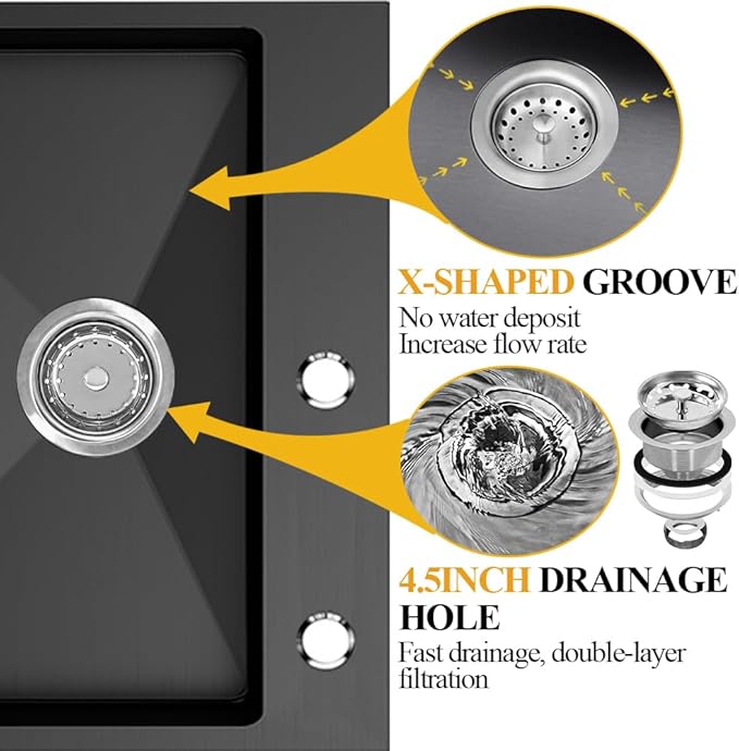Black Kitchen Sink, Stainless Steel Drop In 33x22x9 Inch Single Bowl Topmount Kitchen Sink Combo-Stainless Grid,Soap Dispenser,Faucet Mat,Drain Strainer Set for Modern Style Kitchen&Bar