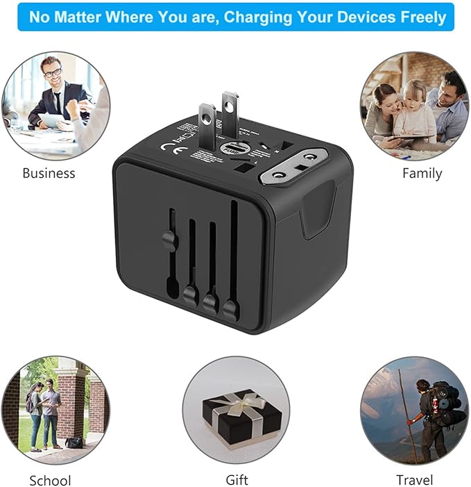 Universal International Travel Power Adapter W/High Speed 2.4A USB, 3.0A Type-C Wall Charger, European Adapter, Worldwide AC Outlet Plugs Adapters for Europe, UK, US, AU, Asia-Black