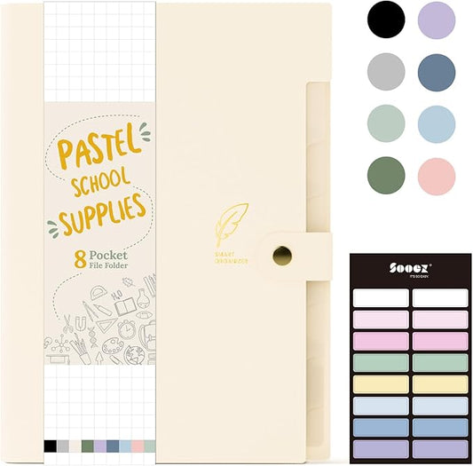 Sooez Aesthetic 8 Pocket Accordion File Organizer, Pastels Expanding File Folder for Important Document with Labels, Portable Receipt Bill Paper Organizer for Office School Supplies, Letter Size Beige