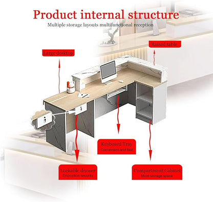 Receptionist Desk with LED Light，Wooden Salon Checkout Counter with Storage Drawer & Keyboard Tray Modern L-Shaped Reception Desk for Barbershop Office Company Store