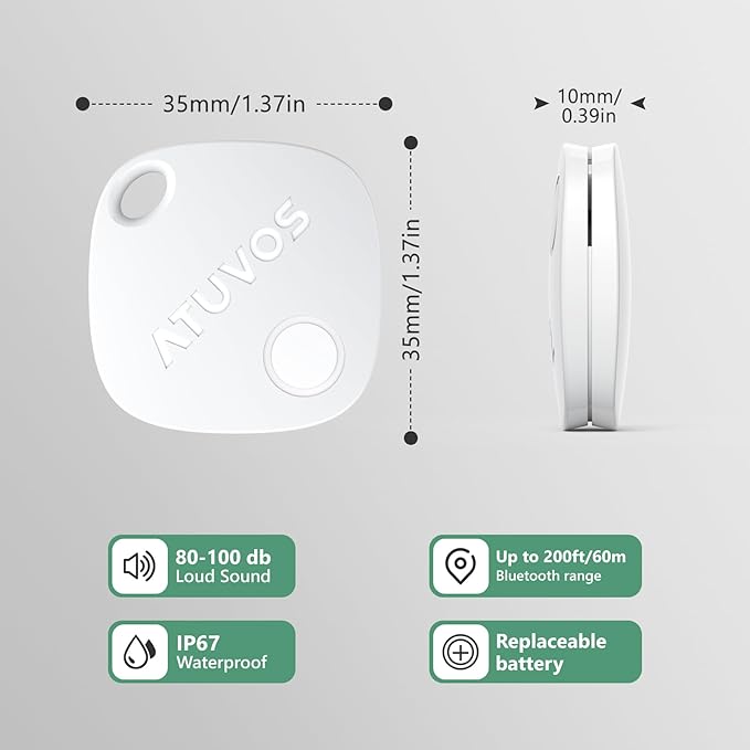 ATUVOS Air Tracker Tag-1 Pack, Bluetooth Luggage Tracker Works with Apple Find My APP (iOS Only, Not for Android), Keys Finder and Item Locator for Luggage, Backpack, Suitcases, Replaceable Battery