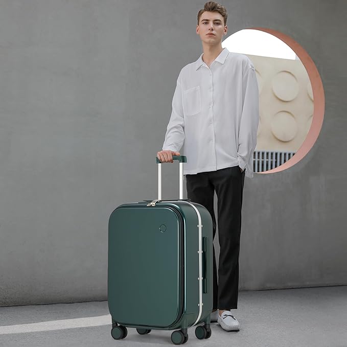 mixi Luggage Suitcase with Spinner Wheels, 24'' Checked Travel Luggage Aluminum Frame PC Hardside with TSA Lock & Cover - Blackish Green