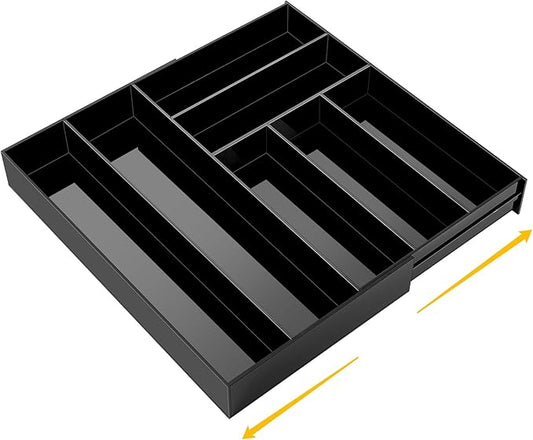 1 Pcs Acrylic Drawer Organizer 9'' up to 18'' x 15'' x 2'' Expandable Drawer Organizer Pens Notebook Ruler Makeup Tray with 7 Adjustable Compartments for Desk Office Kitchen Bathroom(Black)